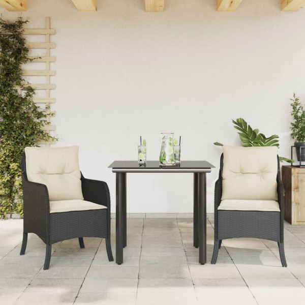 Set comedor de jardín 3 pzas con cojines ratán sintético negro D