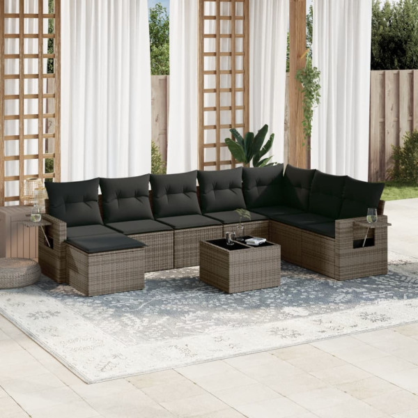 9 pcs conjunto sofás p/ jardim com almofadões vime PE cinzento D