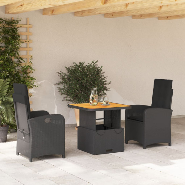 Set comedor de jardín 3 pzas con cojines ratán sintético negro D