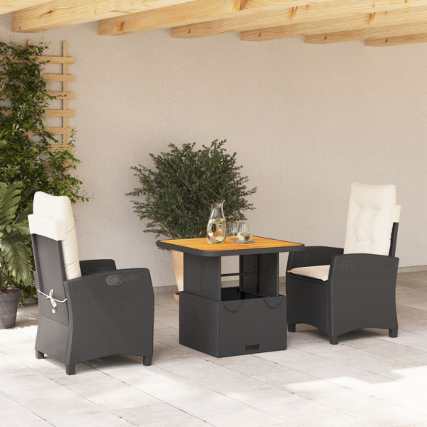 Set comedor de jardín 3 pzas con cojines ratán sintético negro D