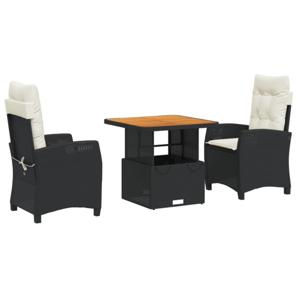 Set comedor de jardín 3 pzas con cojines ratán sintético negro M 2