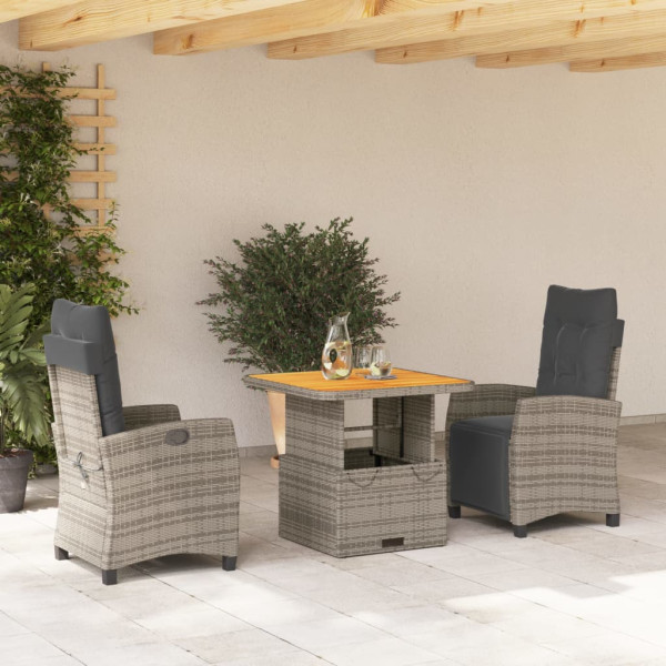 Set comedor de jardín 3 piezas con cojines ratán sintético gris D