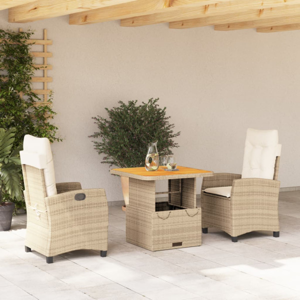 Set comedor de jardín 3 pzas con cojines ratán sintético beige D
