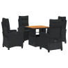 5 pcs conjunto de jantar p/ jardim c/ almofadões vime PE preto 2