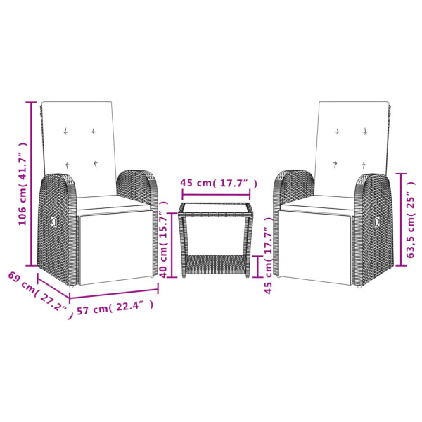 Set comedor de jardín 3 piezas con cojines ratán sintético gris M 4