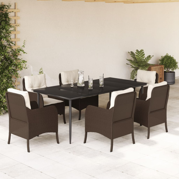 Set comedor de jardín 7 pzas con cojines ratán sintético marrón D