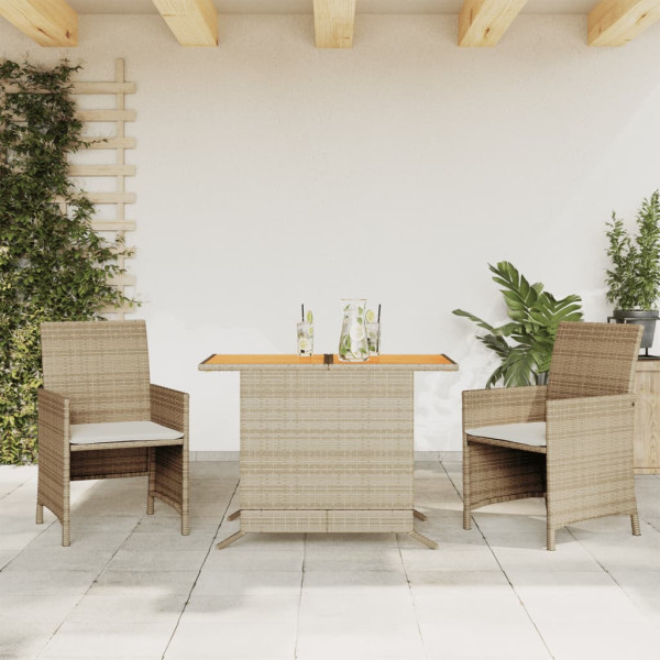 Sillas y mesita de jardín 3 piezas ratán sintético cojín beige D