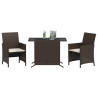 3 pcs conjunto bistrô com almofadões vime PE castanho 3