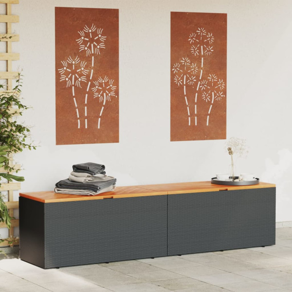 Caja de almacenaje jardín madera acacia ratán negro 220x50x54cm M 3
