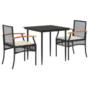 Set comedor de jardín 3 pzas con cojines ratán sintético negro H