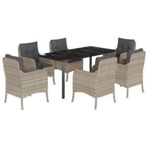 Set comedor jardín 7 pzas y cojines ratán sintético gris claro H
