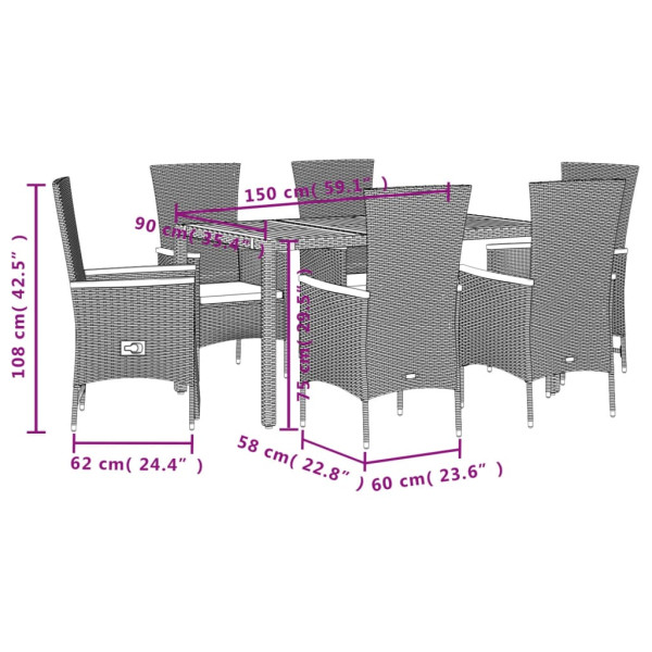 Set de comedor de jardín 7 pzas y cojines ratán sintético negro M 5