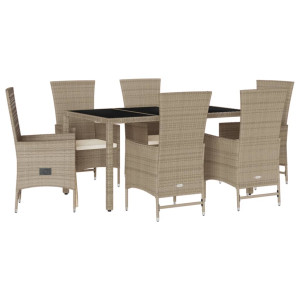 Set comedor de jardín 7 pzas con cojines ratán sintético beige H