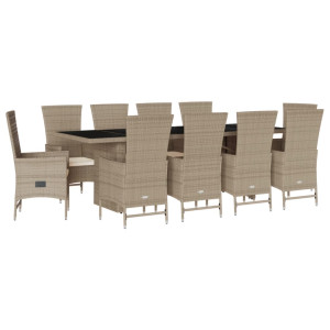 Set comedor de jardín 11 pzas con cojines ratán sintético beige H