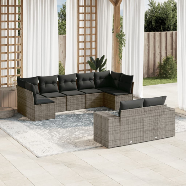 Set de muebles de jardín 9 pzas y cojines ratán sintético gris D