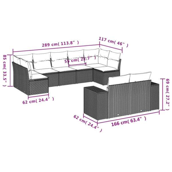 Set de muebles de jardín 9 pzas y cojines ratán sintético gris M 3