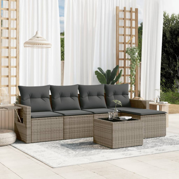 Set de muebles de jardín 6 pzas y cojines ratán sintético gris D