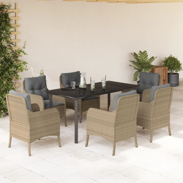 Set comedor de jardín 7 pzas con cojines ratán sintético beige D