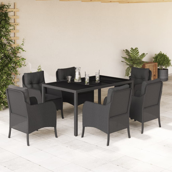7 pcs conjunto de jantar p/ jardim c/ almofadões vime PE preto D