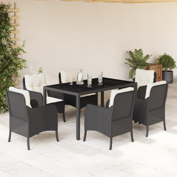 7 pcs conjunto de jantar p/ jardim c/ almofadões vime PE preto D
