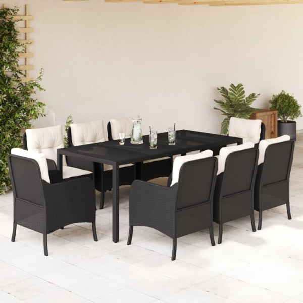 9 pcs conjunto de jantar p/ jardim c/ almofadões vime PE preto D