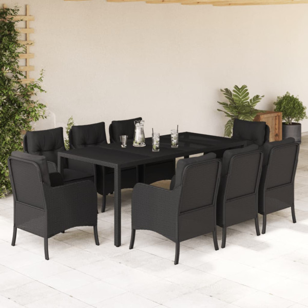 9 pcs conjunto de jantar p/ jardim c/ almofadões vime PE preto D