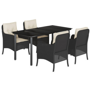 5 pcs conjunto de jantar p/ jardim c/ almofadões vime PE preto H