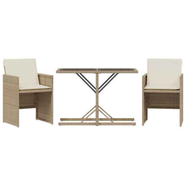 Cadeiras e mesa de jardim 3 peças ratão sintético almofada beige M 2