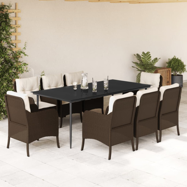 Set comedor para jardín 9 pzas y cojines ratán sintético marrón D