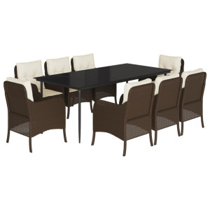 Set comedor para jardín 9 pzas y cojines ratán sintético marrón H