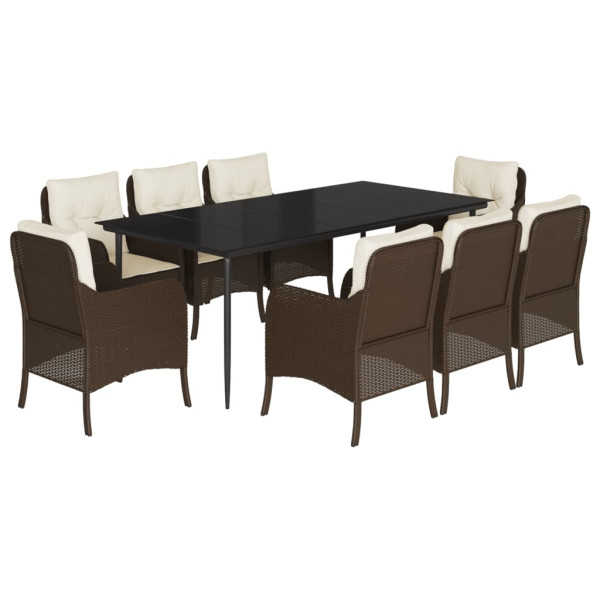 Set comedor para jardín 9 pzas y cojines ratán sintético marrón M 2