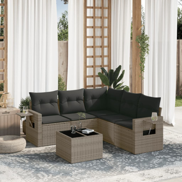 Set de muebles de jardín 6 pzas y cojines ratán sintético gris D