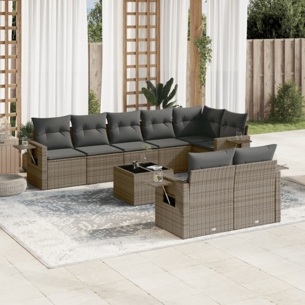 9 pcs conjunto sofás p/ jardim com almofadões vime PE cinzento D