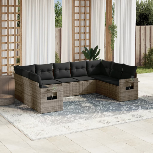 9 pcs conjunto sofás p/ jardim com almofadões vime PE cinzento D