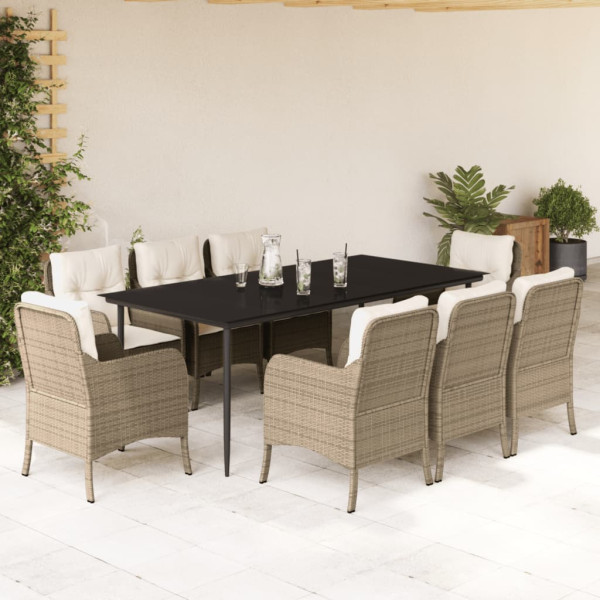 Set comedor de jardín 9 pzas con cojines ratán sintético beige D