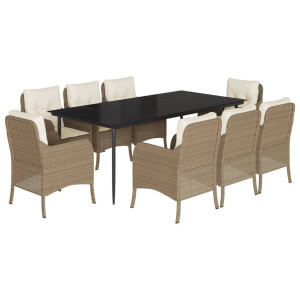 Set comedor de jardín 9 pzas con cojines ratán sintético beige H