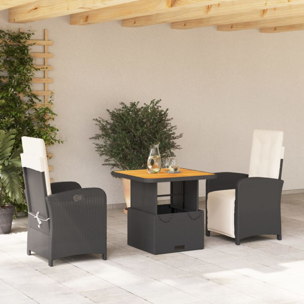 Set comedor de jardín 3 pzas con cojines ratán sintético negro D