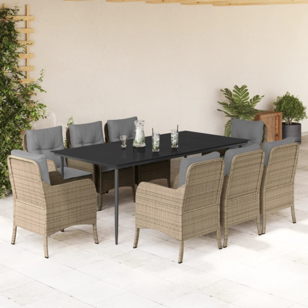 Set comedor de jardín 9 pzas con cojines ratán sintético beige D