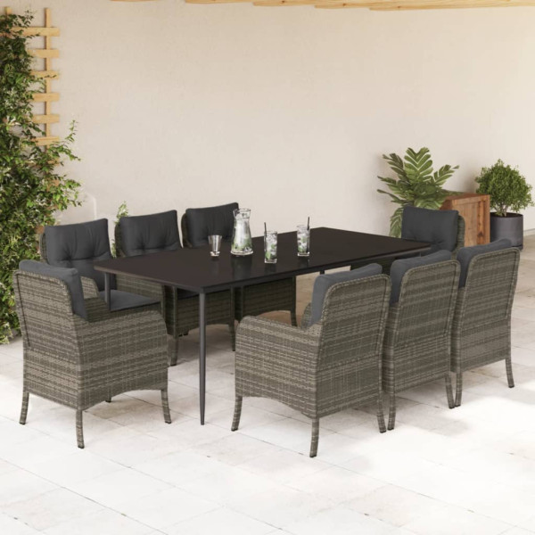 Set comedor jardín 9 pzas y cojines ratán sintético gris D