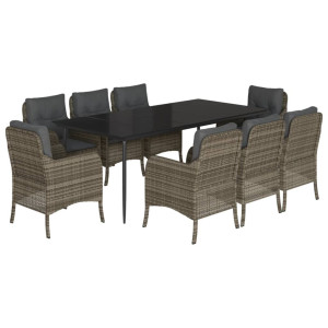 Set comedor jardín 9 pzas y cojines ratán sintético gris H