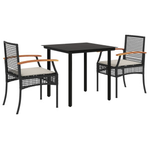 Set comedor de jardín 3 pzas con cojines ratán sintético negro H