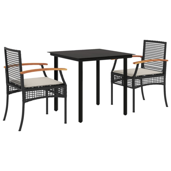 Set comedor de jardín 3 pzas con cojines ratán sintético negro M 2