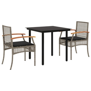 Set comedor de jardín 3 piezas con cojines ratán sintético gris H