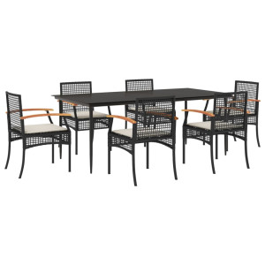Set de comedor de jardín 7 pzas y cojines ratán sintético negro H