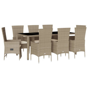 Set comedor de jardín 9 pzas con cojines ratán sintético beige H