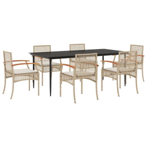 Set comedor de jardín 7 pzas con cojines ratán sintético beige H