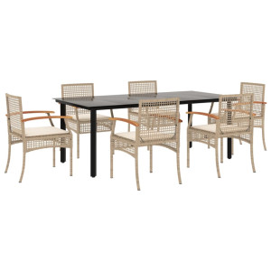 Set comedor de jardín 7 pzas con cojines ratán sintético beige H