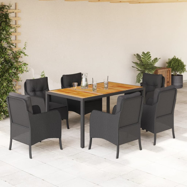 7 pcs conjunto de jantar p/ jardim c/ almofadões vime PE preto D