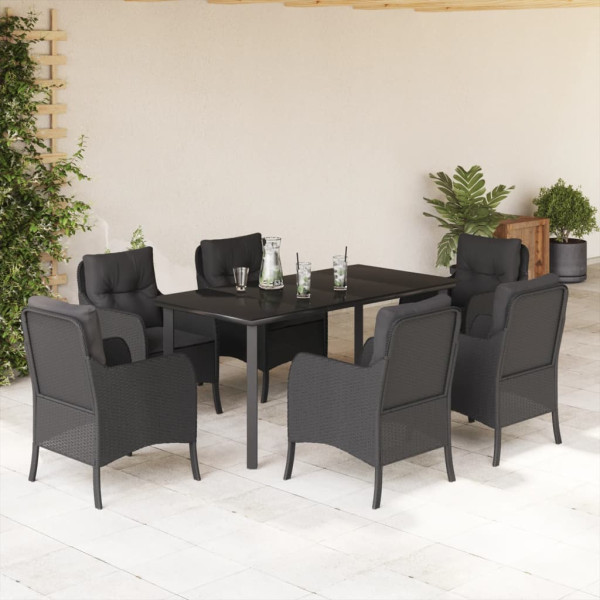 7 pcs conjunto de jantar p/ jardim c/ almofadões vime PE preto D