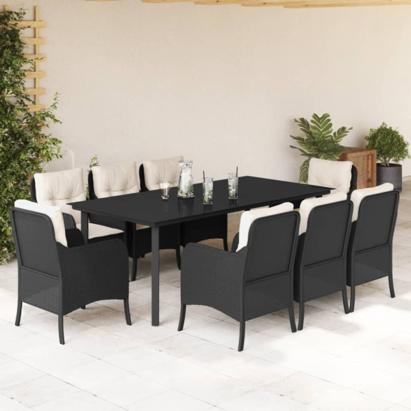 Set de comedor de jardín 9 pzas y cojines ratán sintético negro D